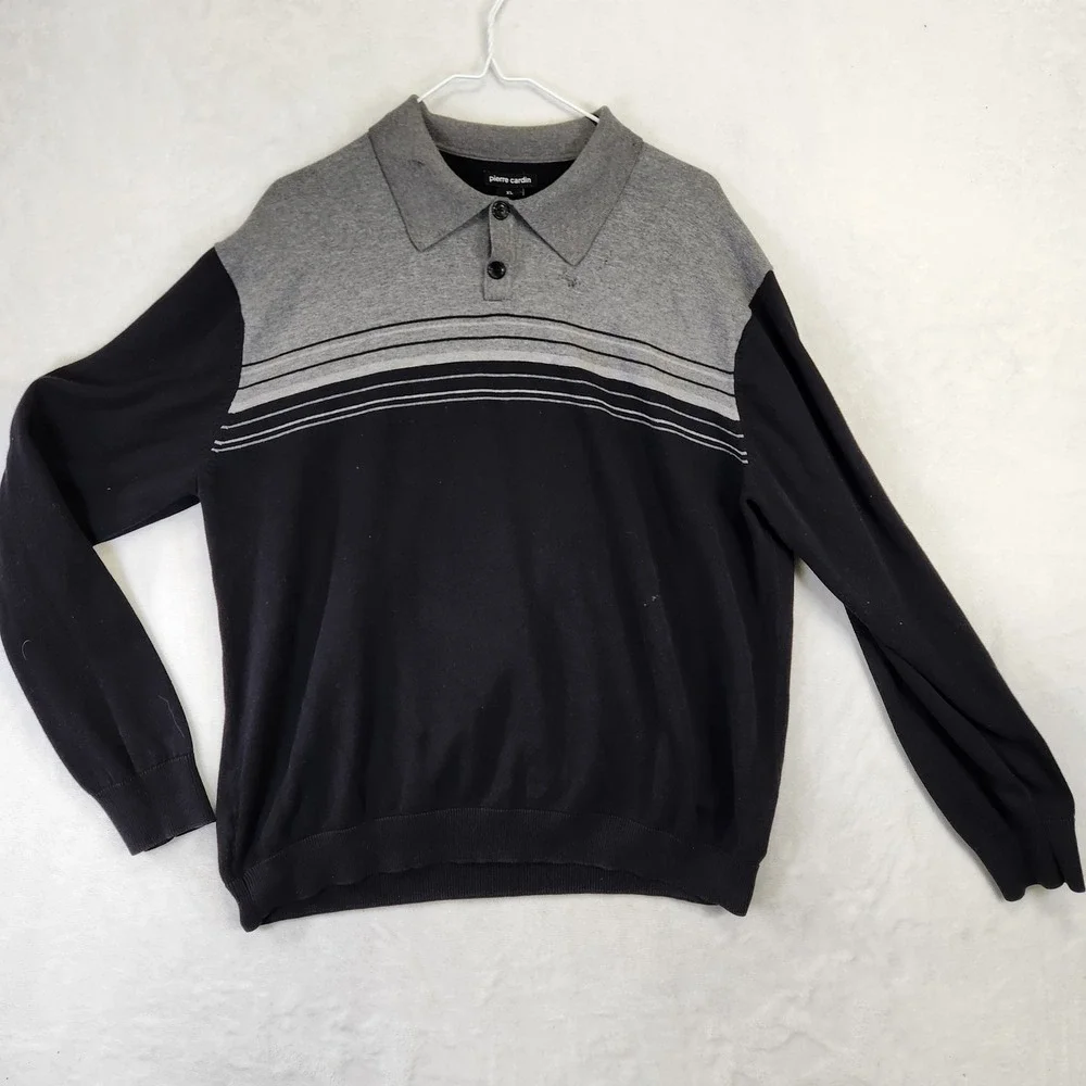 Pierre Cardin Mens XL‎ Cotton Long Sleeve Polo Sweater Black Grey Striped Knit